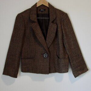 Tribal Wool Blend Brown Tweed Blazer Jacket One Button Pockets Office Size 10